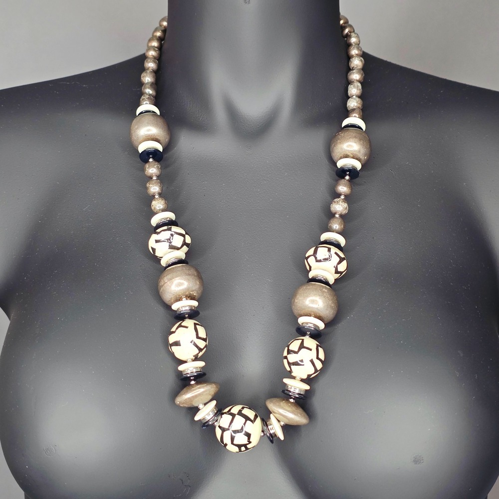 Chunky Statement Bead Necklace Geometric Black White Bronze Tone 30 Inch Bold‎